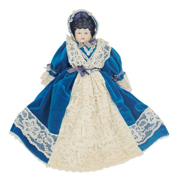 Rare Fine China Head Doll Blue Victorian Velvet & Lace Dress Circa 1980s 17" - Picture 1 of 15